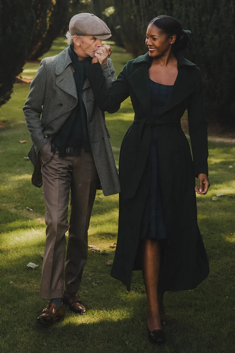 Handmade Green Wool Coat – Long Double-Breasted Winter Overcoat with Belt 