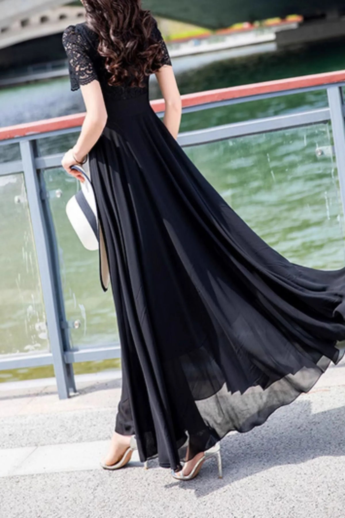 Black Chiffon Maxi Dress - Lace Top, Flowy Summer Silhouette 5025