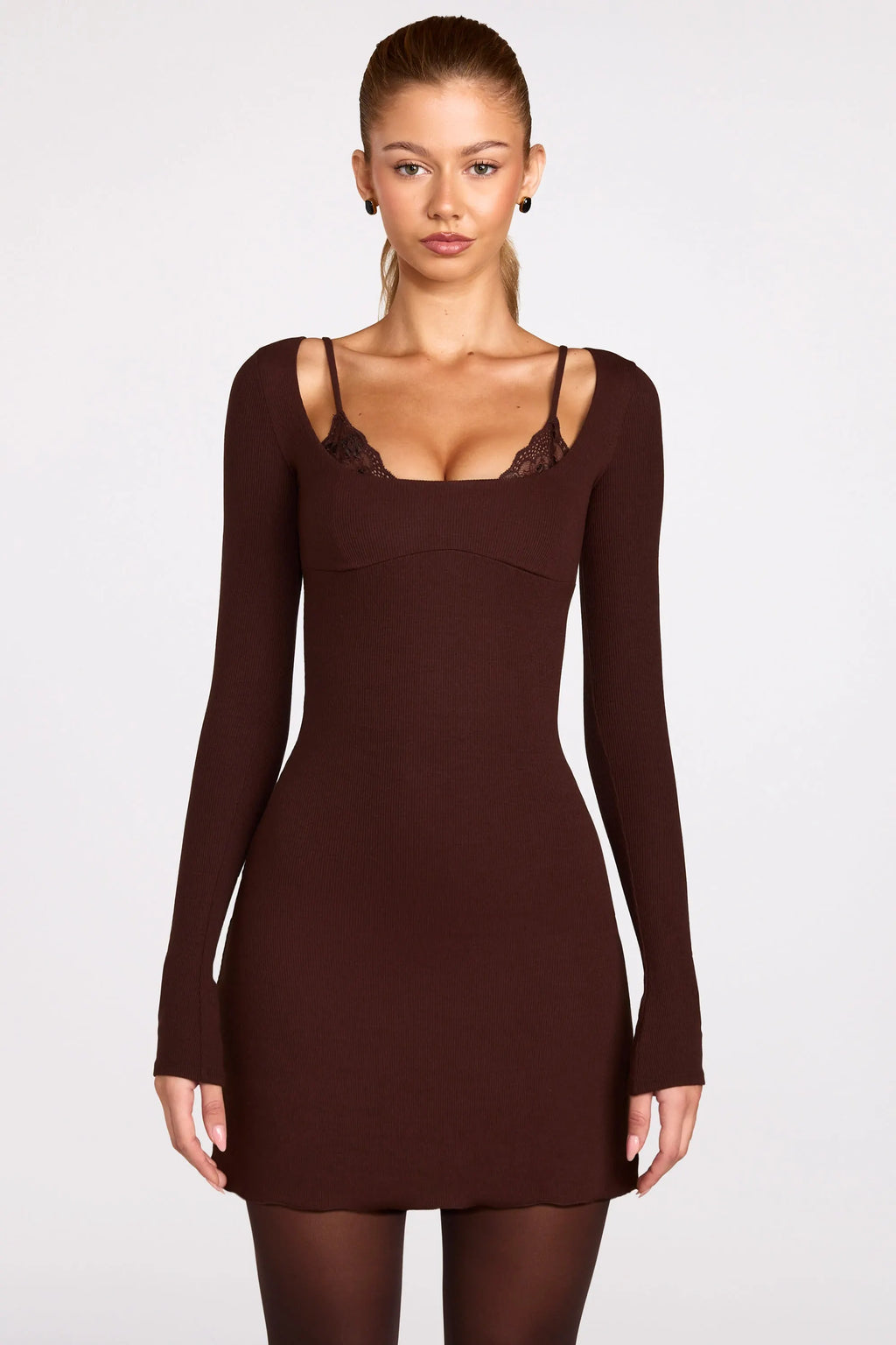 Ribbed Modal Long-Sleeve Laced Bra Mini Dress in Chocolate Brown