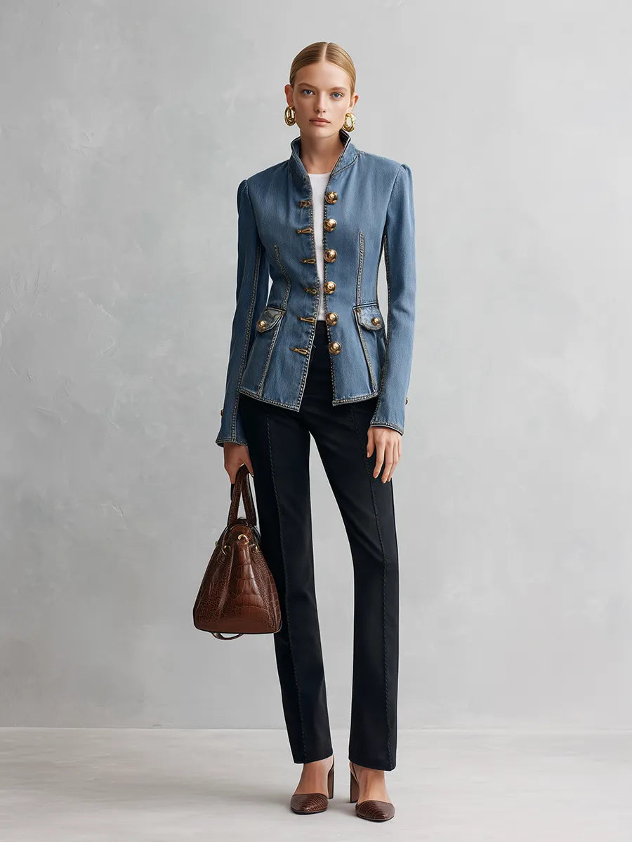 Retro Denim Stand Collar Military Jacket