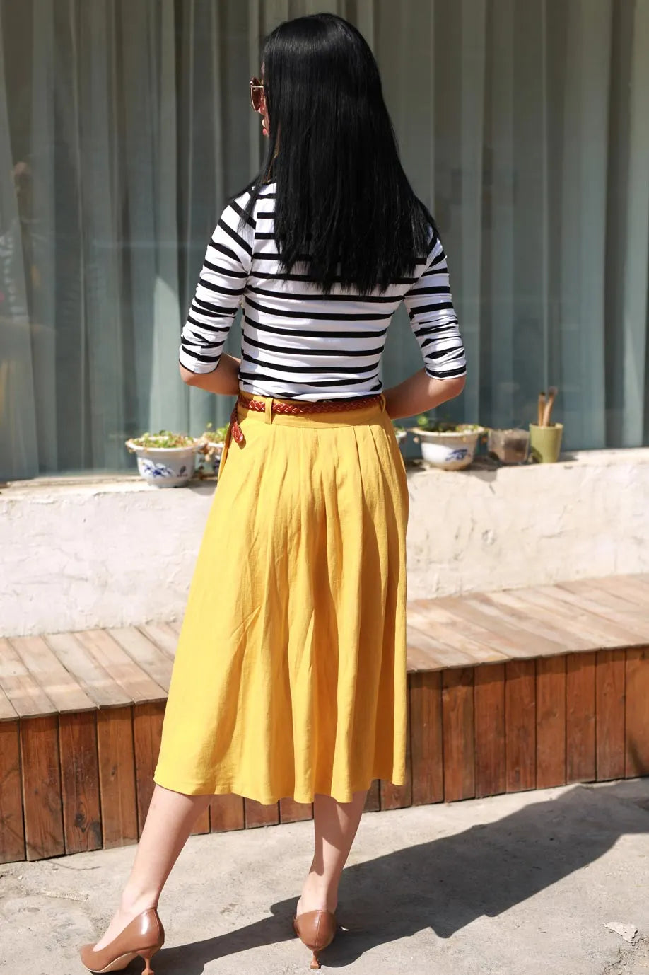 Mustard Yellow Linen Pleated Midi Skirt - High Waist Pockets 