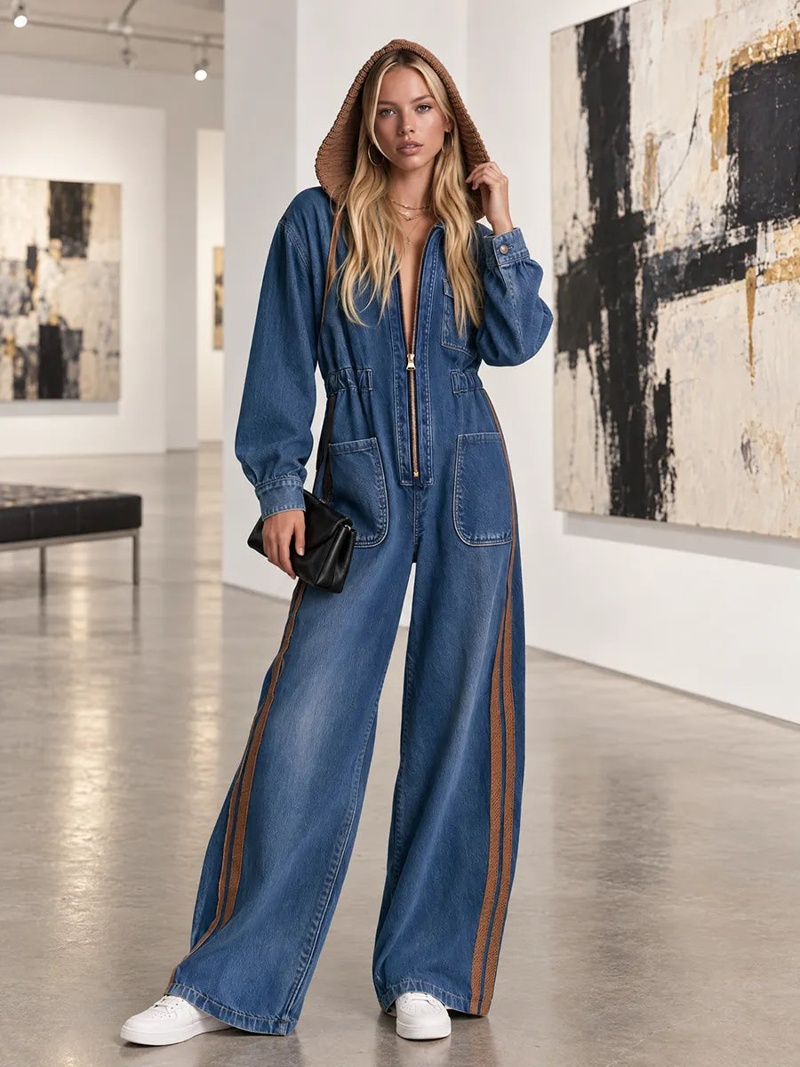 Side Stripes Hooded Wide Leg Denim Jumpsuit