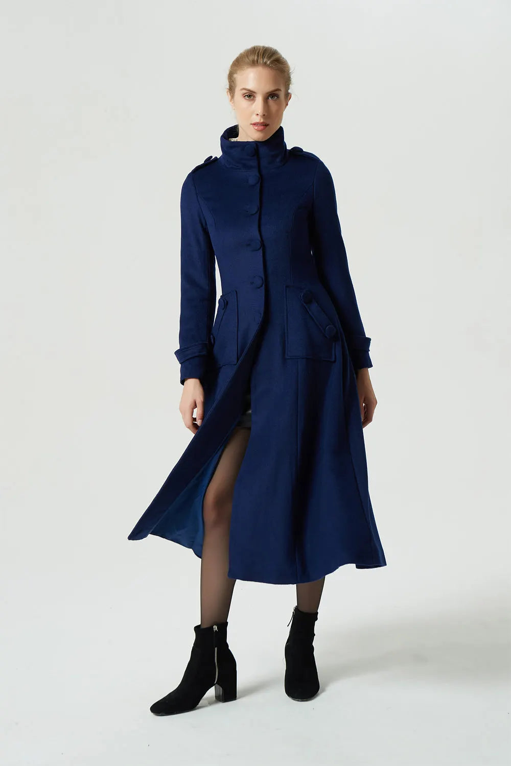 Vintage Wool Coat for Women – Handmade Navy Military Style Long Winter Coat 