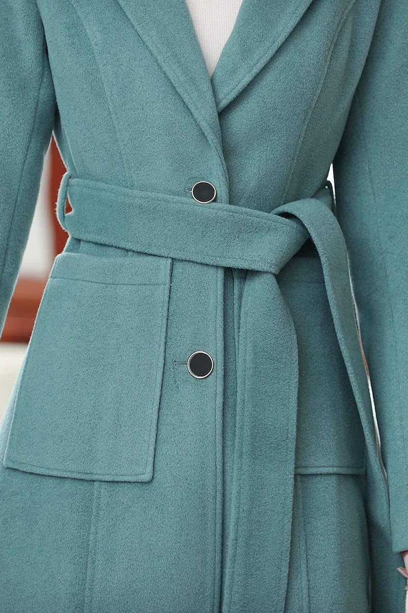 Minimalist Wool Blend Coat – Handmade Light Teal Long Winter Overcoat 