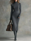 Napoleonic style Ribbed Knit Midi Sweater Dress With Gold Button Detail