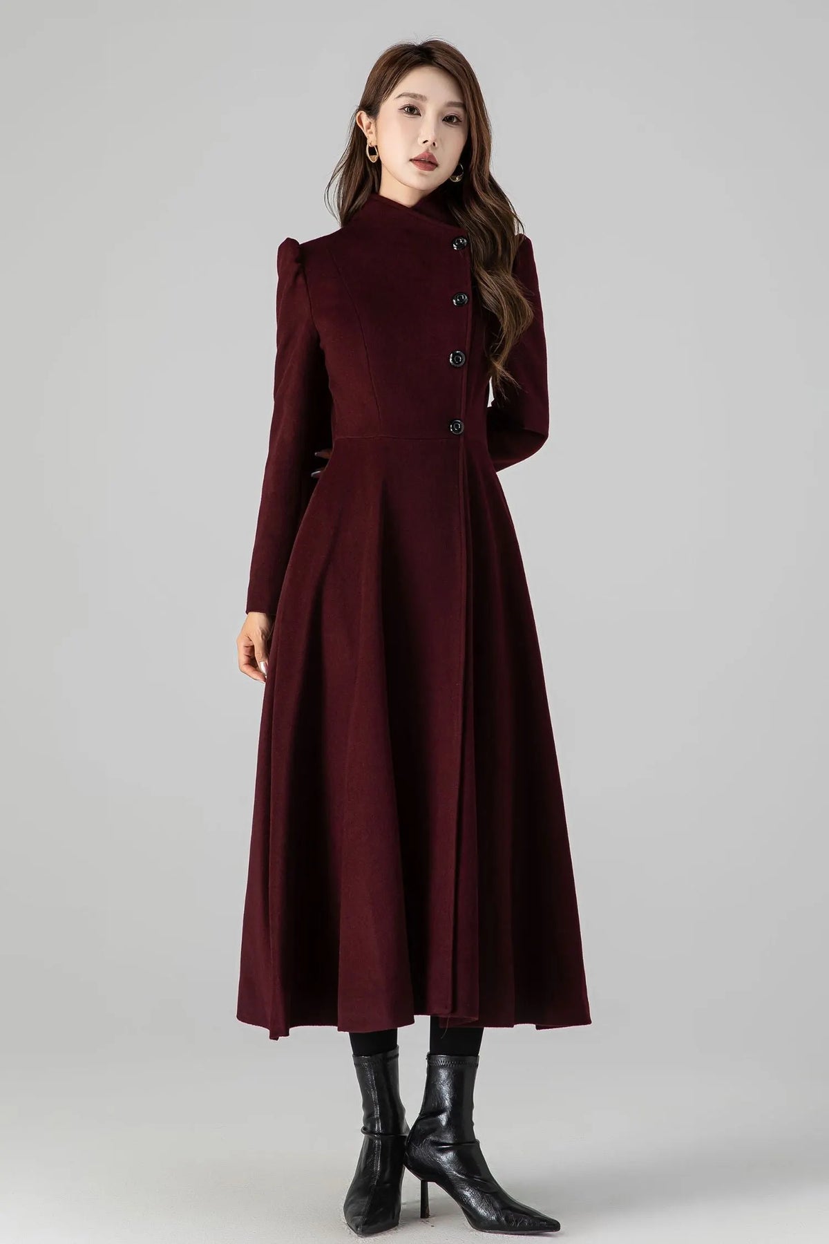 Handmade Burgundy Wool Long Coat – Elegant High Neck Fit & Flare Winter Overcoat 4511