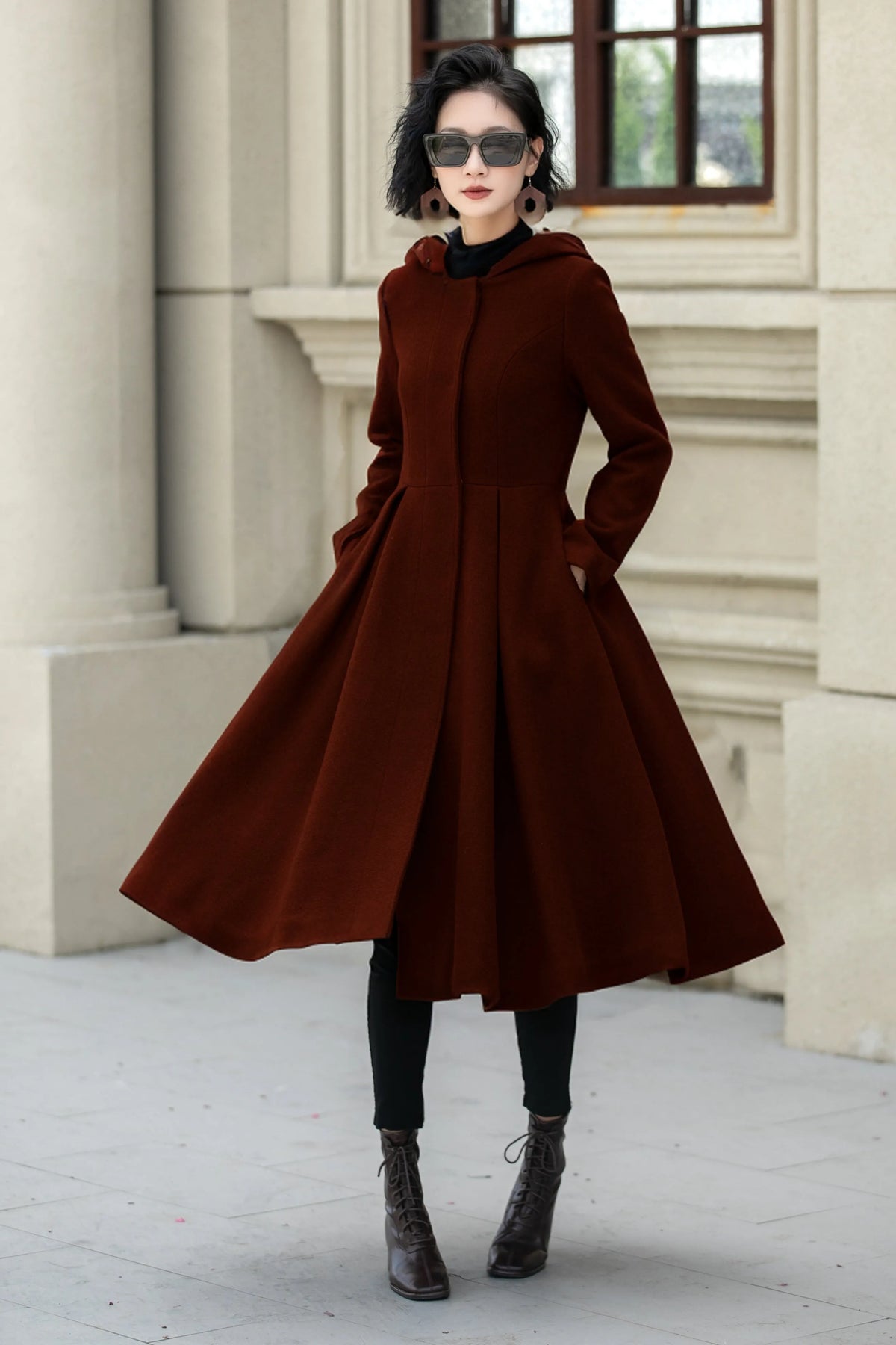 Rust Wool A Line Winter Coat - Hooded Swing Silhouette 5347