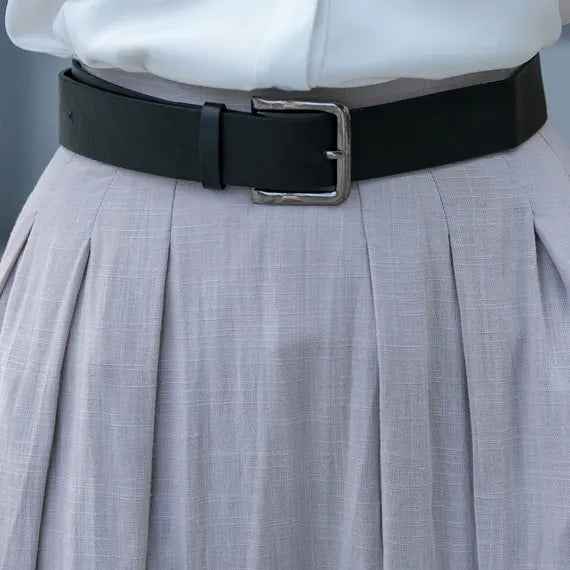 Light Grey Cotton Linen Midi Skirt - Pleated A-Line High Waist 3544