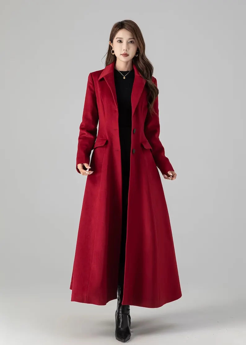 Red Wool Long Coat - Elegant Flared Trench Silhouette 4512