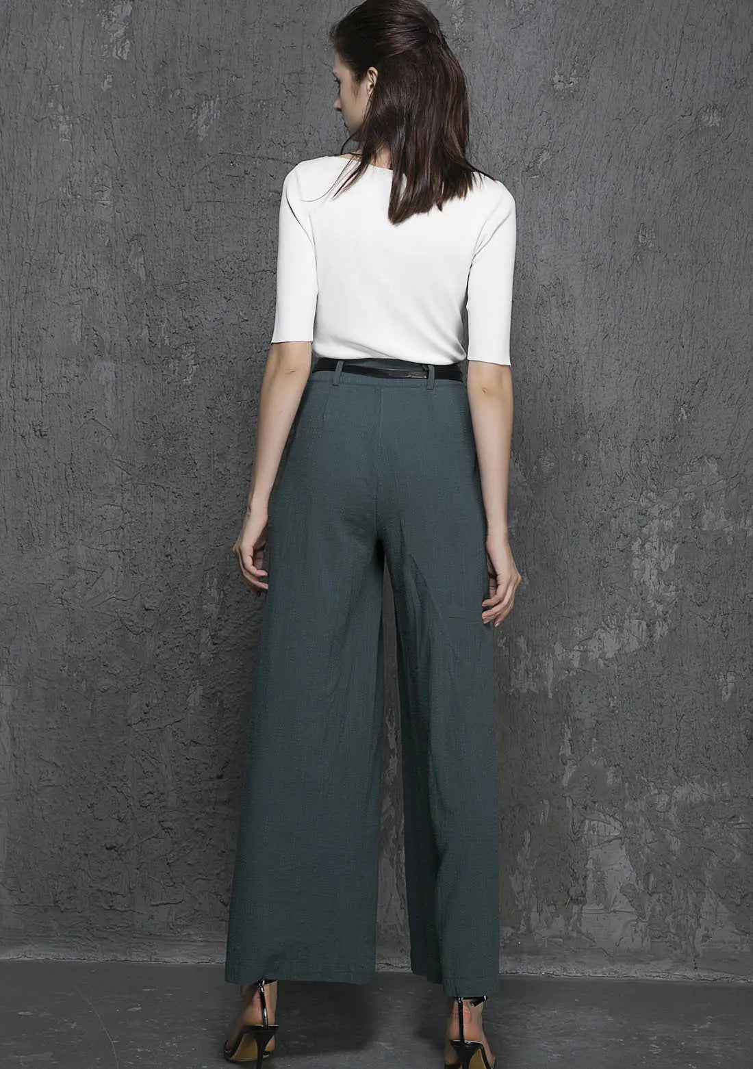 Green Linen Cotton Palazzo Pants - Wide Leg Ankle 