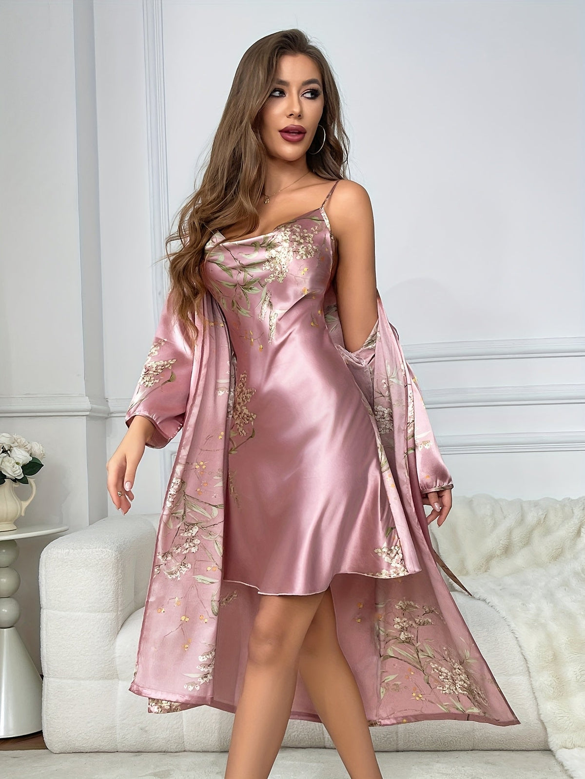 Rosalynn | 2-Piece Floral Satin Camisole & Robe Set