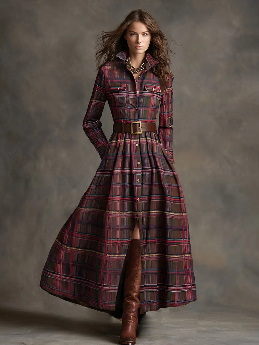 Retro Ethnic Style Lapel Reddish Brown Plaid Maxi Dress