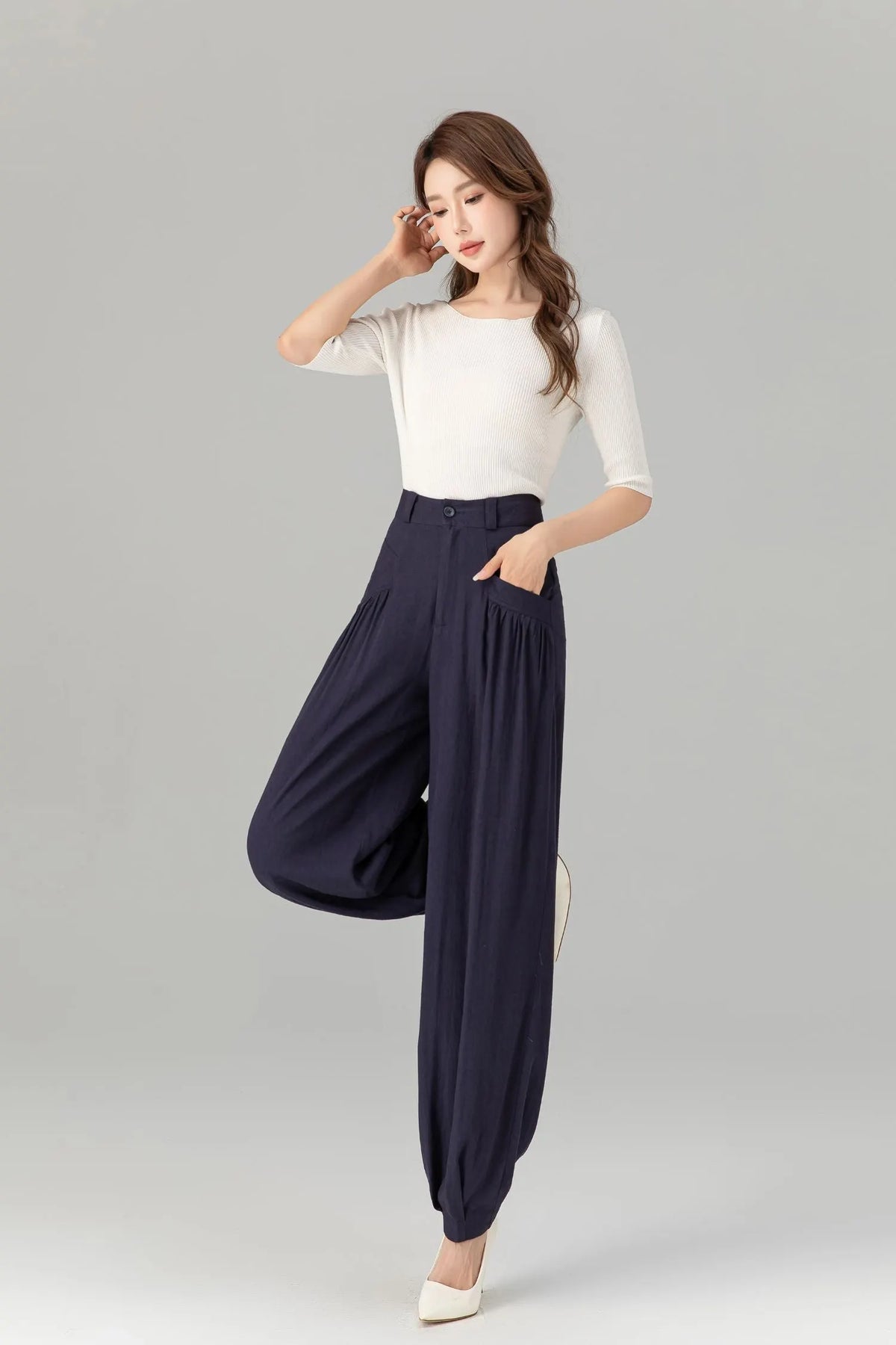Navy Linen Wide Leg Pants - Loose Fit with Lantern Silhouette 4937