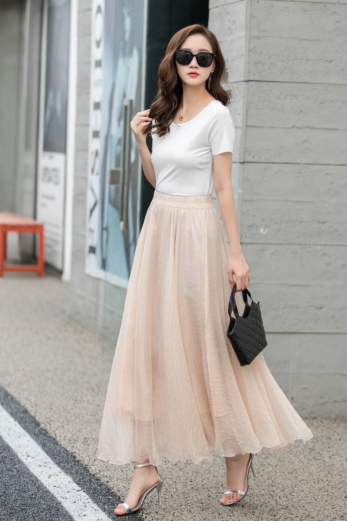 Handmade Beige Chiffon Swing Skirt – Flowing Maxi Circle Skirt 