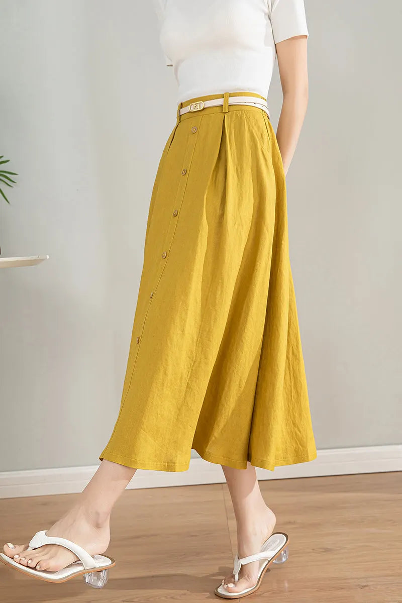 Handmade Linen Cotton Midi Skirt with Pockets 