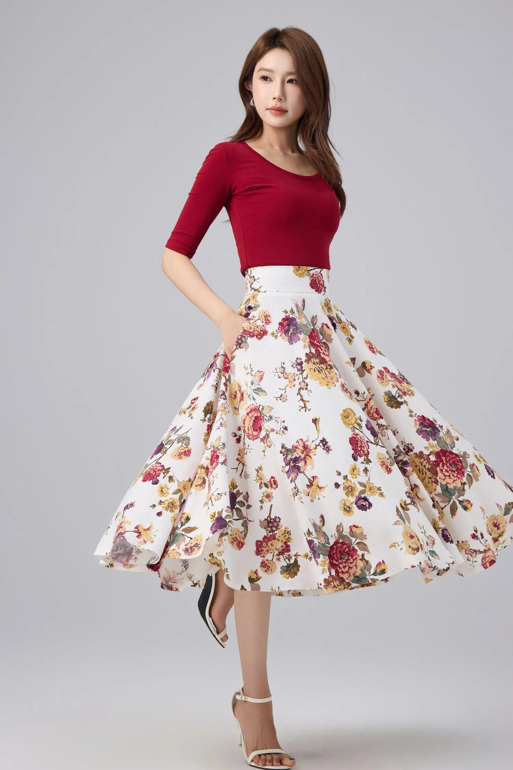 White Floral Cotton Linen Midi Skirt - High Waist, A-line Swing 
