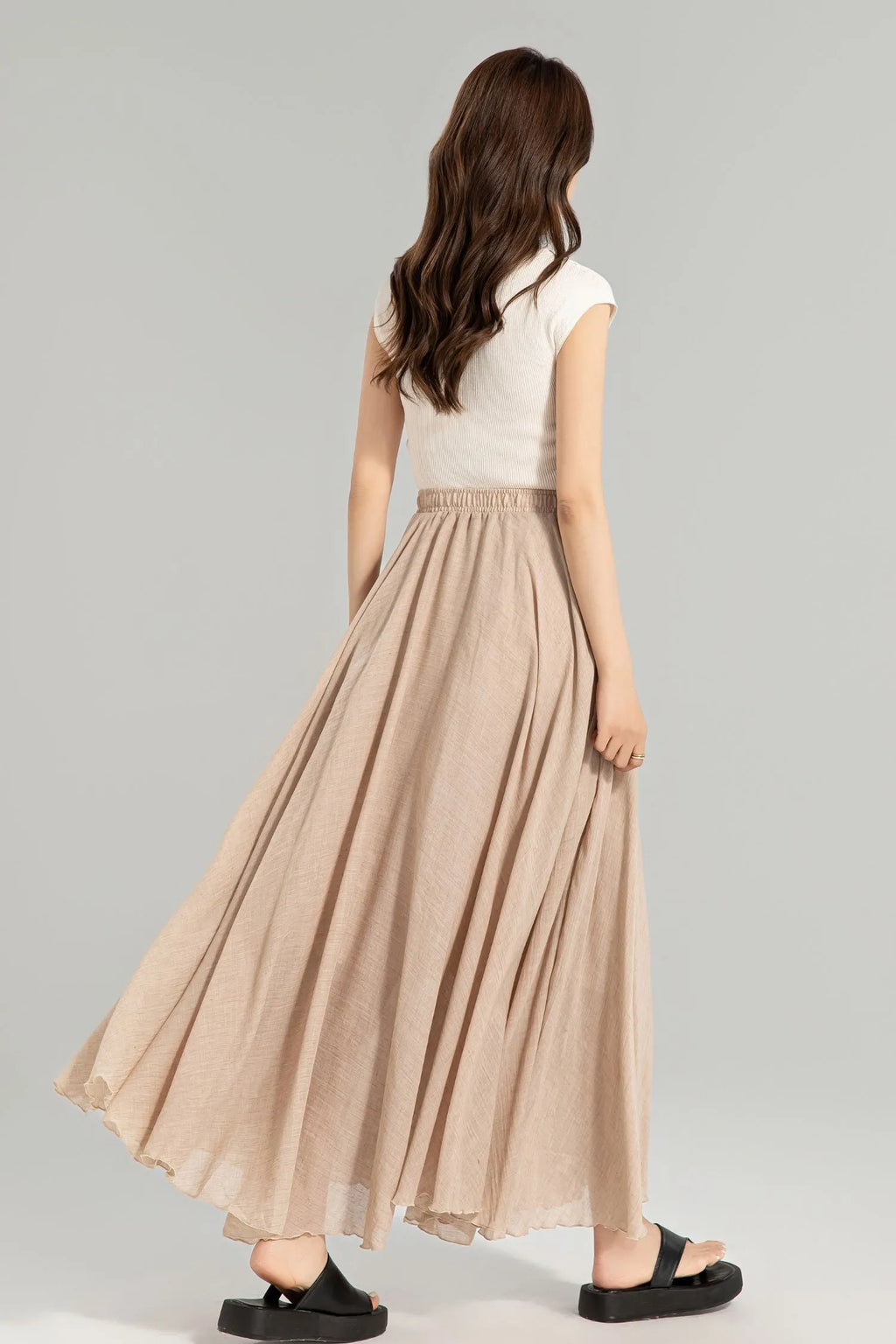 Beige Linen Maxi Skirt - Flowy Circle Silhouette with Elastic Waistband 4959