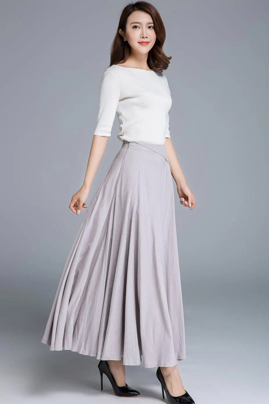 Feminine Swing Maxi Linen Skirt Pale Grey Lavender  – High-Waisted – 1666