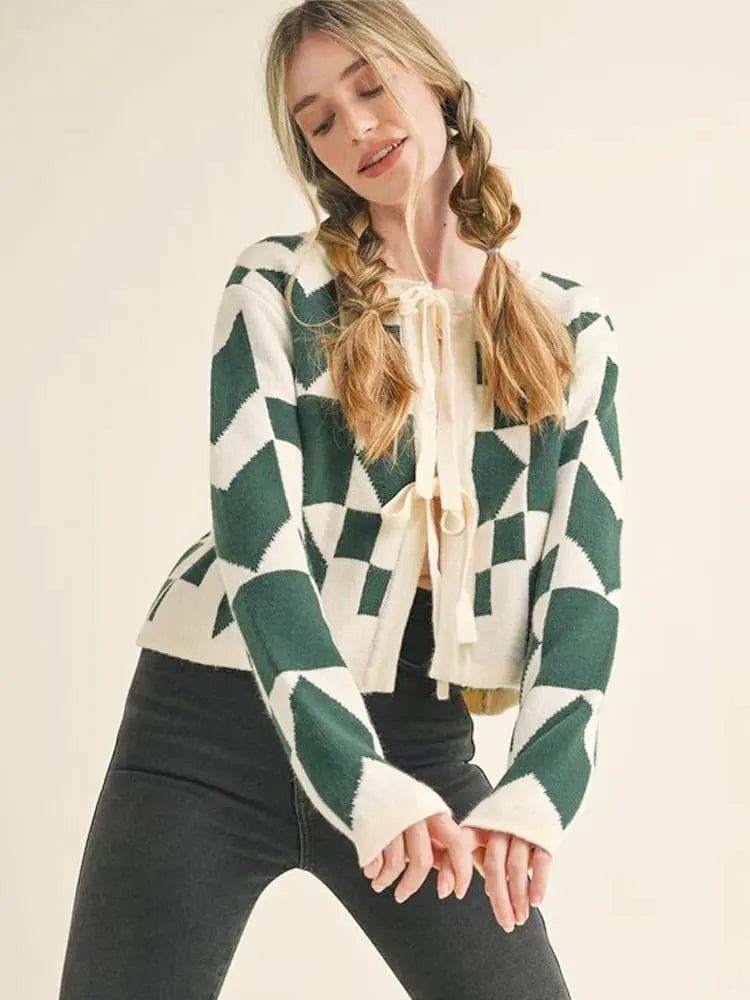 Geometric Print Lace-Up Cardigan Sweater