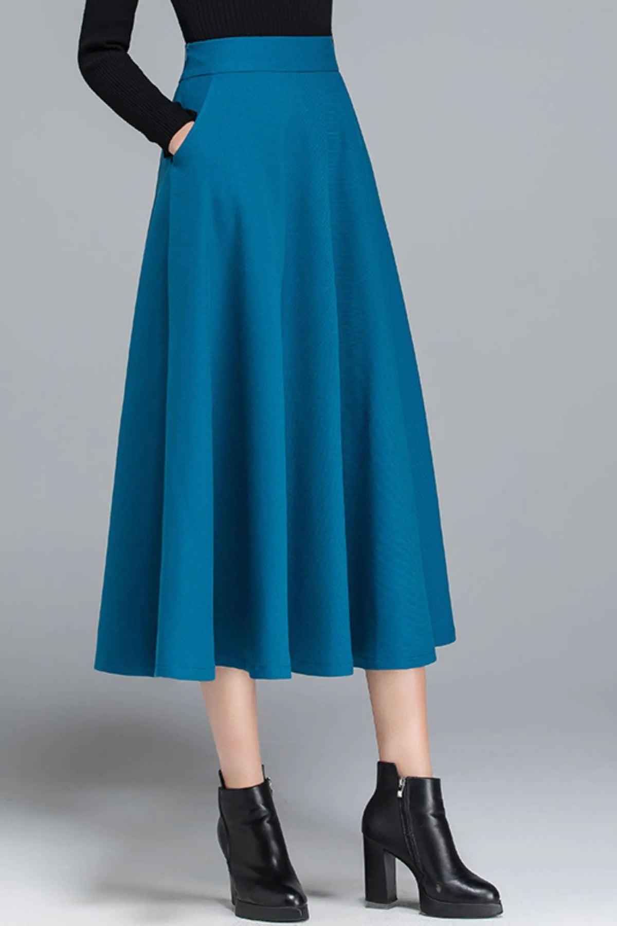 Polyester High Waist Midi Skirt - Pleated A-Line Lined 