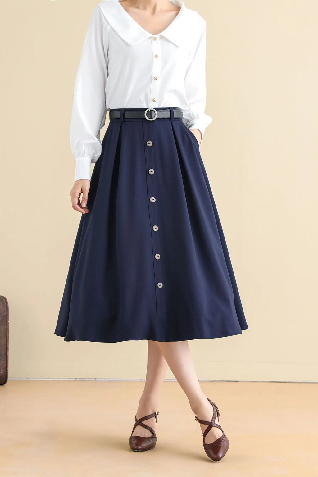 Navy Buttoned Cotton Blend Midi Skirt - A-Line, Vintage Inspired 2786
