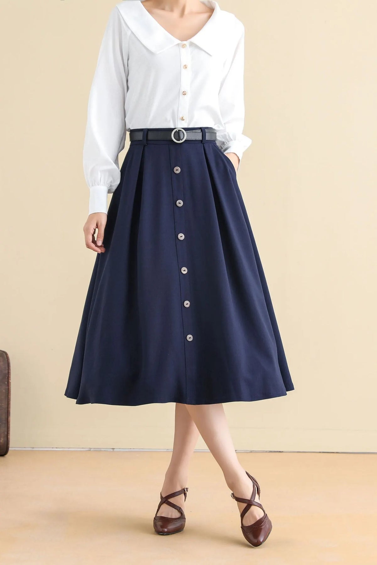 Navy Buttoned Cotton Blend Midi Skirt - A-Line, Vintage Inspired 2786