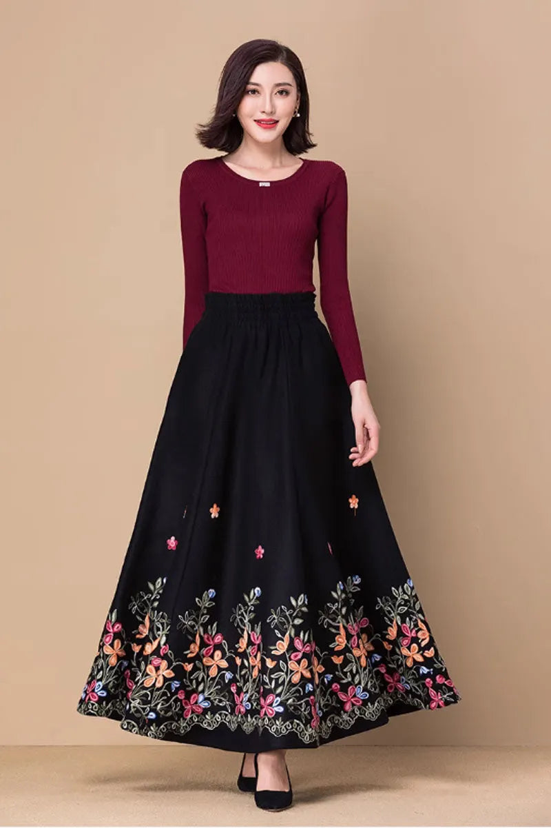 Black Wool Maxi Skirt - Embroidered A-Line with Elastic Waist 4770