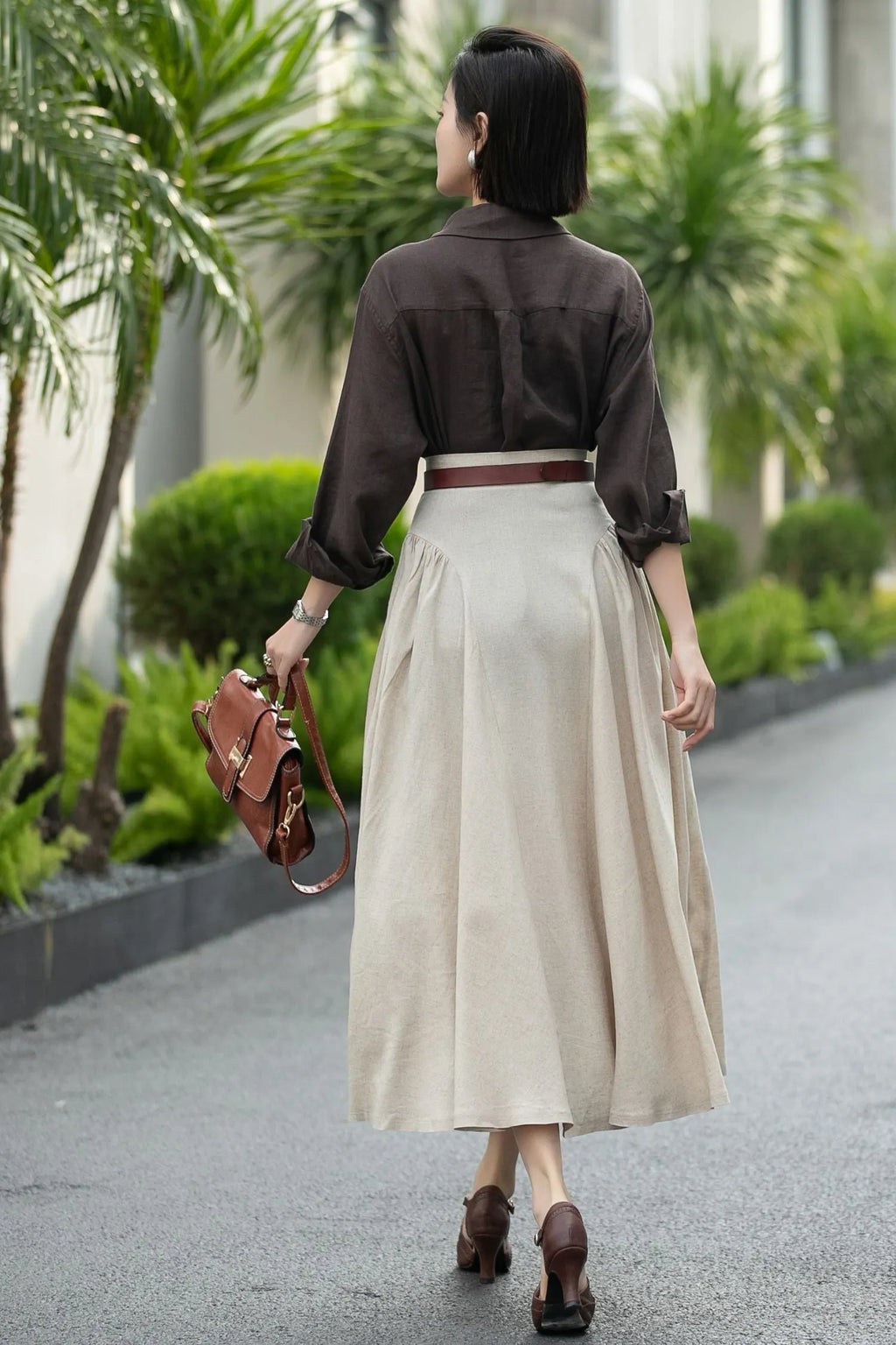 Beige Linen Midi Skirt – High Waist A-Line Button Front Skirt 6666 -Size xs #CK2600002