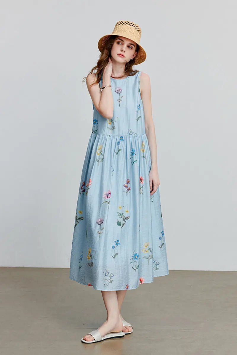 Blue Floral Linen Sleeveless Fit & Flare Midi Dress