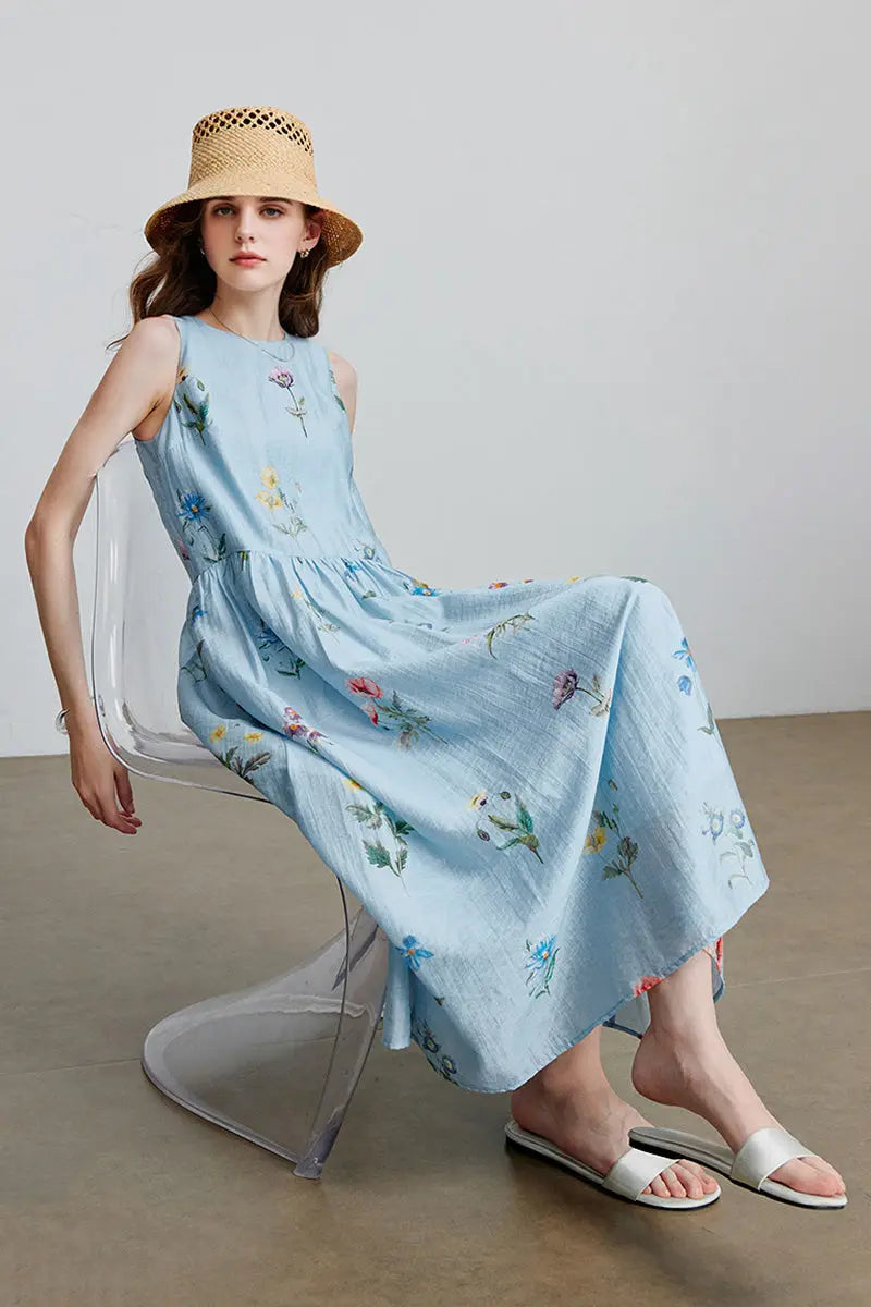 Blue Floral Linen Sleeveless Fit & Flare Midi Dress