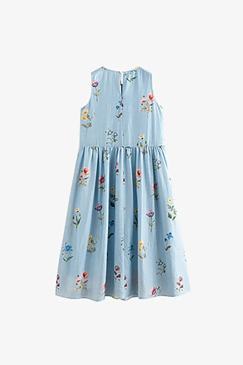 Blue Floral Linen Sleeveless Fit & Flare Midi Dress