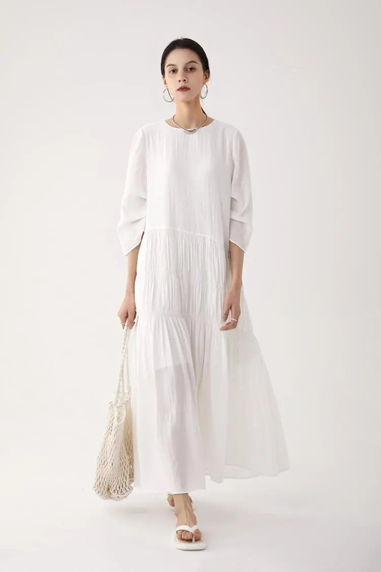 Cotton Tiered Long Sleeve Maxi Dress