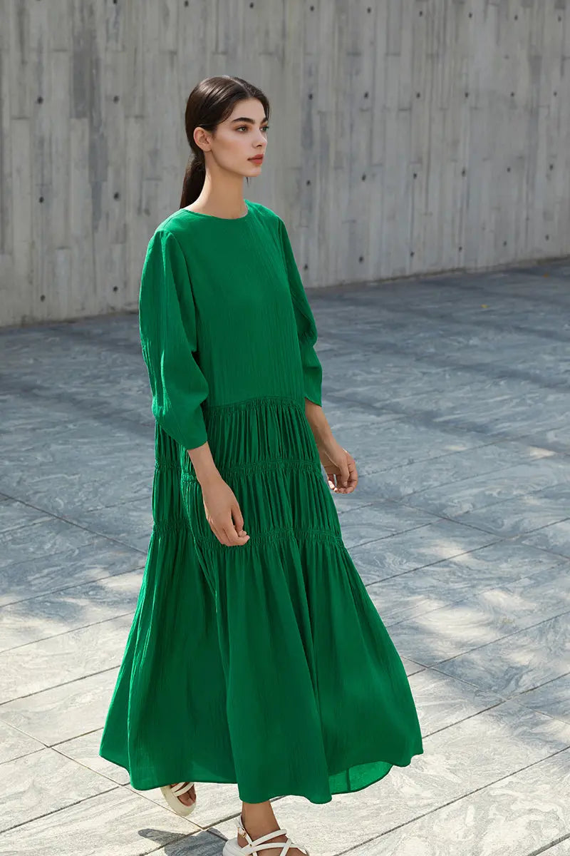 Cotton Tiered Long Sleeve Maxi Dress
