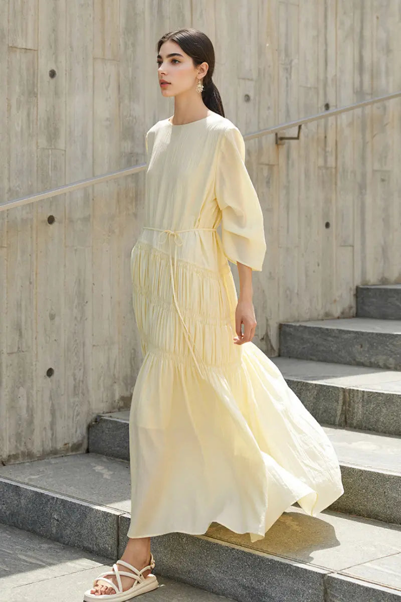 Cotton Tiered Long Sleeve Maxi Dress