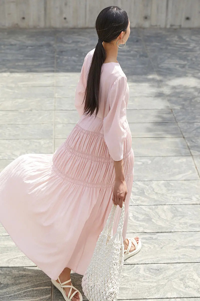 Cotton Tiered Long Sleeve Maxi Dress