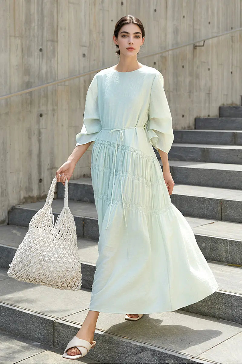 Cotton Tiered Long Sleeve Maxi Dress
