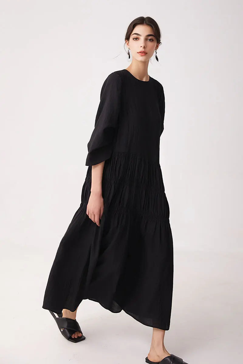 Cotton Tiered Long Sleeve Maxi Dress