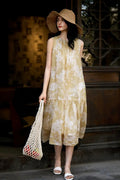 Ramie Floral Tiered Sleeveless Trapeze Midi Dress