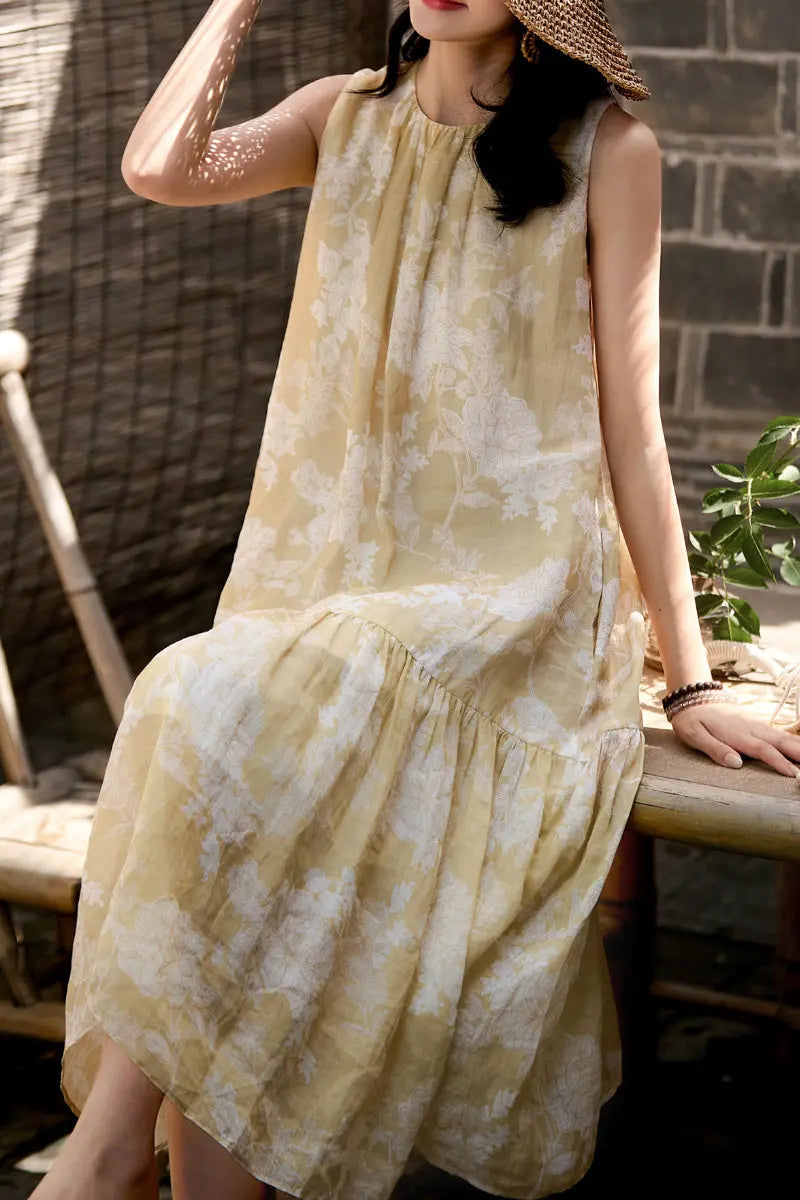 Ramie Floral Tiered Sleeveless Trapeze Midi Dress