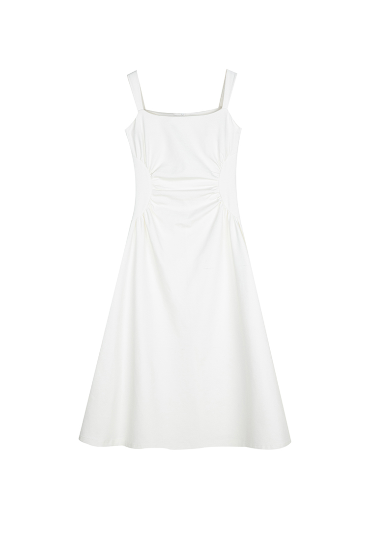 Square Neck Midi Dress with Pleated Waist