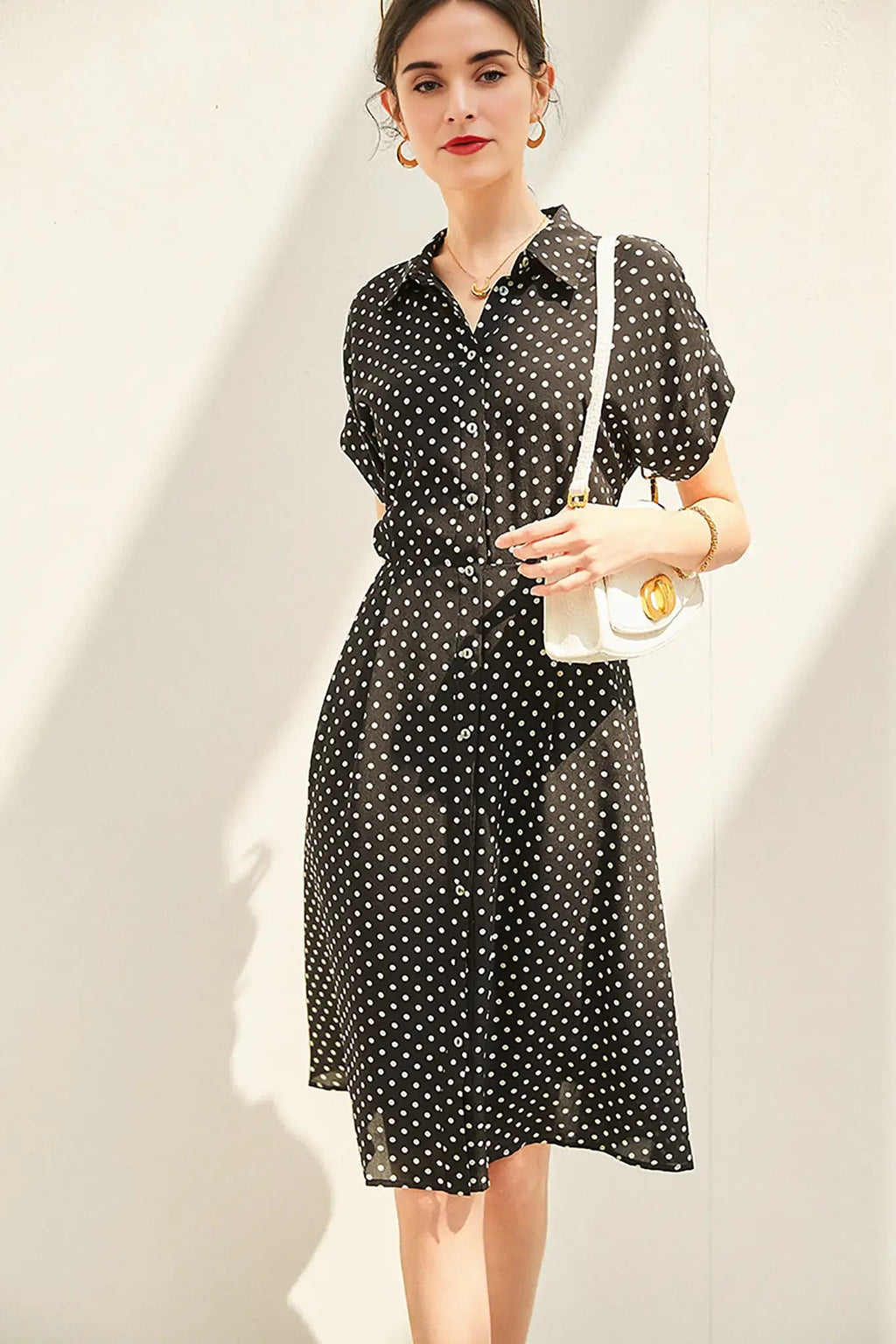 Women's Heavyweight Mulberry Silk Polka Dot Printed Silk Long Dress