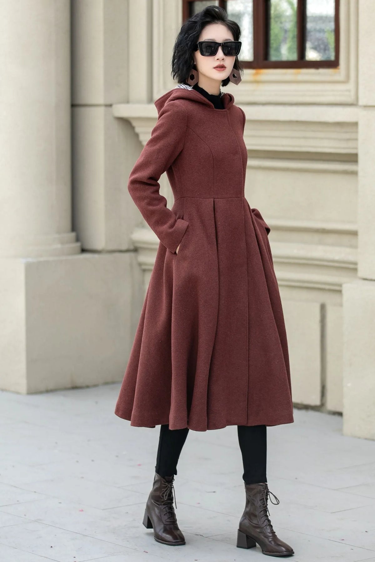 Rust Wool A Line Winter Coat - Hooded Swing Silhouette 5347