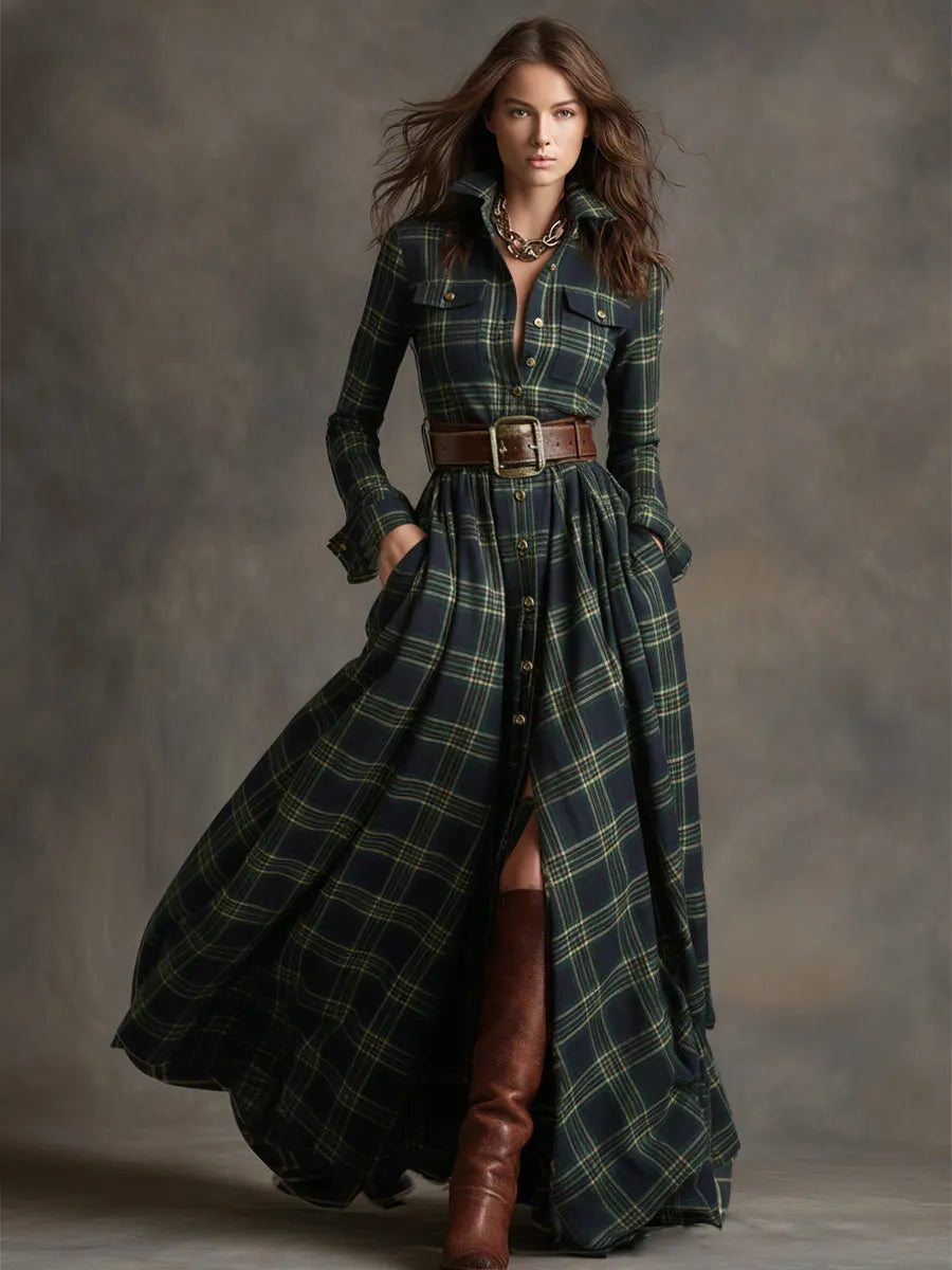 Retro Ethnic Style Lapel Reddish Brown Plaid Maxi Dress