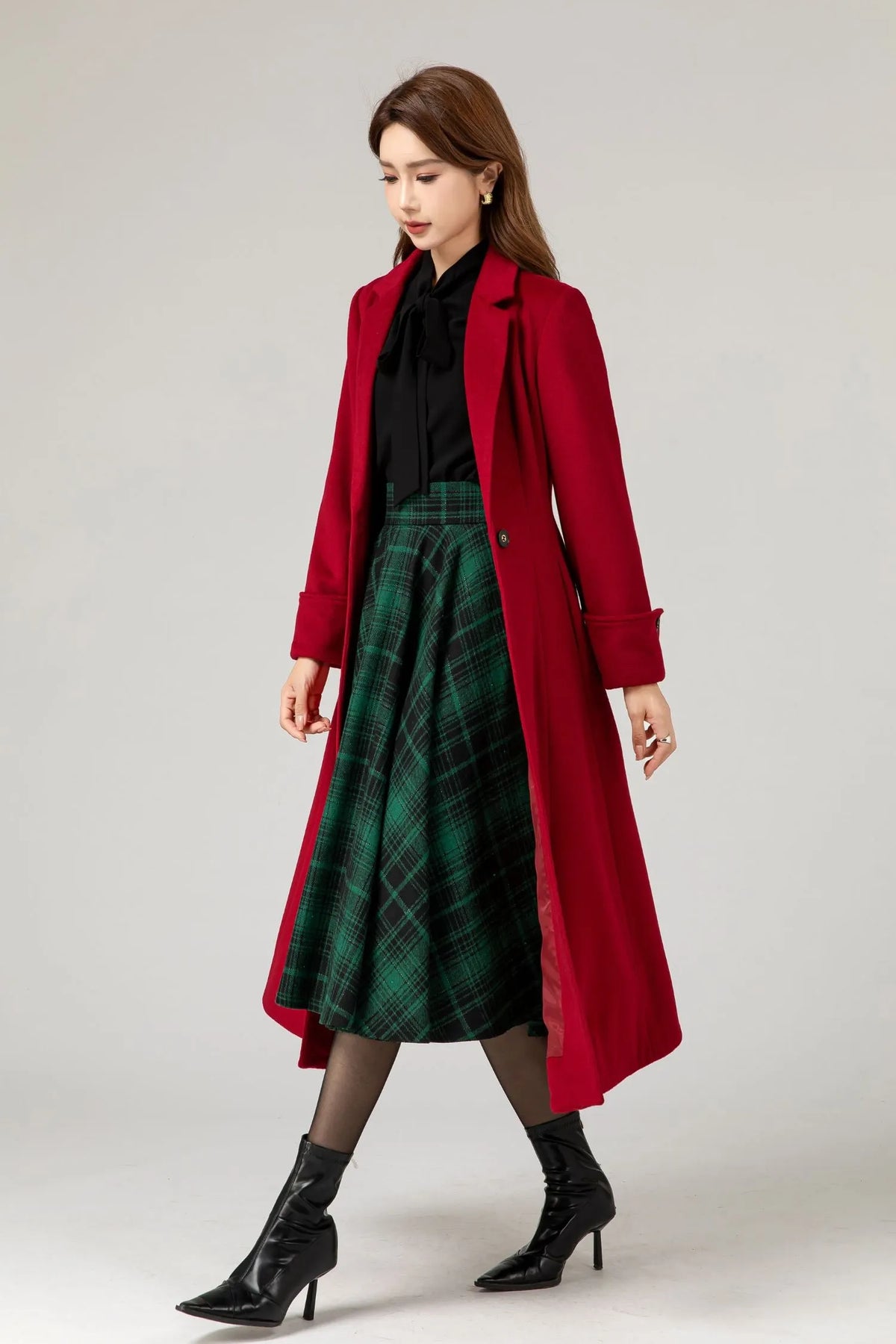 Red Wool Princess Coat - Fitted Waist, Flared Silhouette 5480