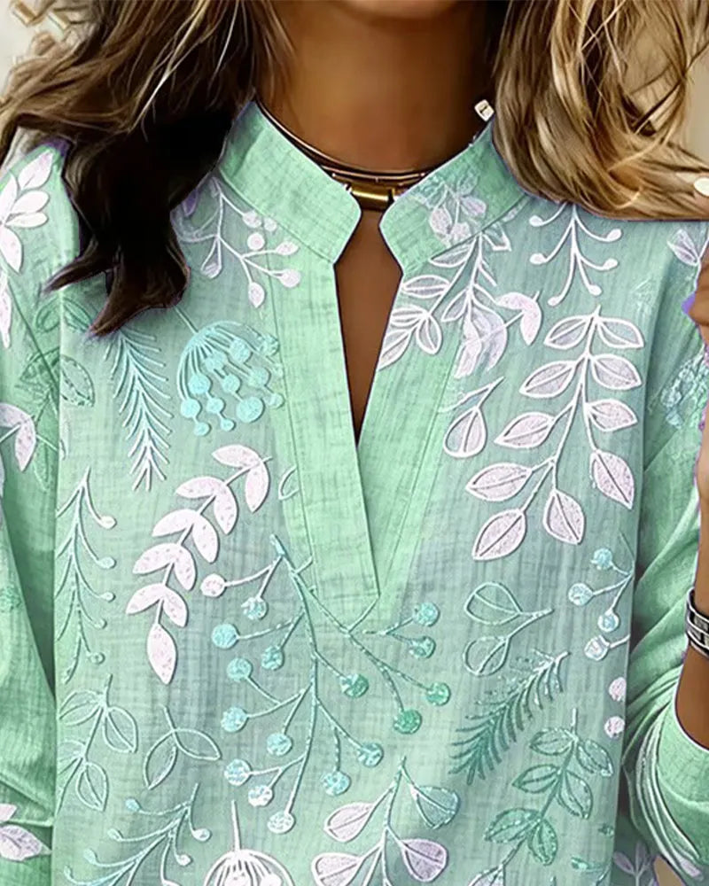 Women's V-Neck Floral Embroidered Blouse, Long Sleeve Notch Collar Linen Blend Top