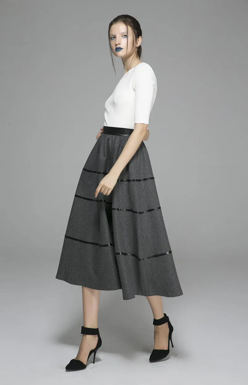 Gray Wool Maxi Skirt - Pleated Full Flowing Design 1376