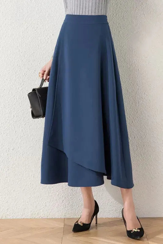 Brown Cotton Blend A-Line Long Skirt - Asymmetrical and High Waist 40