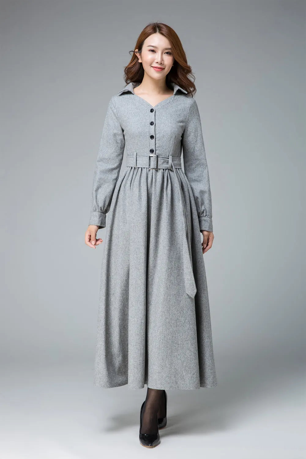 Handmade Light Gray Wool Dress Coat – Elegant Belted V-Neck Winter Midi Dress 