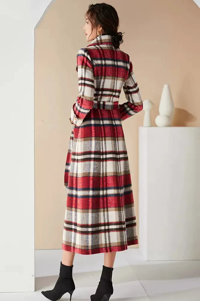 Handmade Plaid Wool Coat – Vintage Red Check Double-Breasted Long Belted Overcoat 