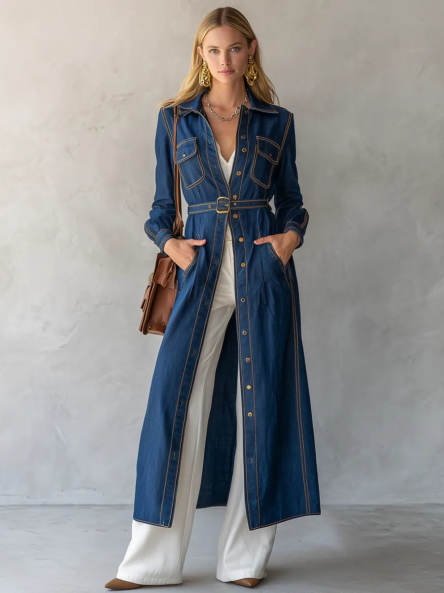 Belted Indigo Contrast Stitching Denim Duster Coat